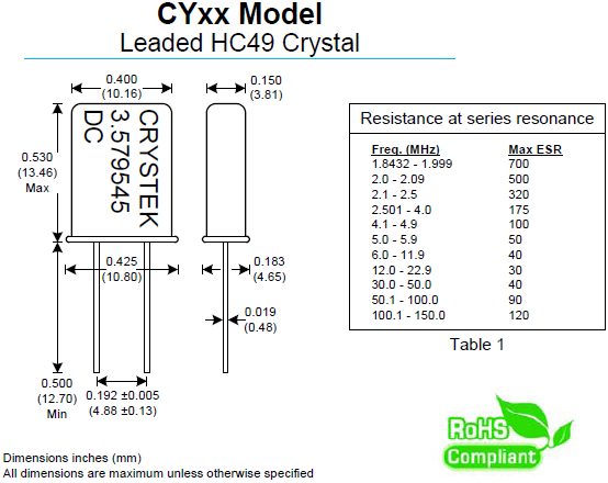 CY晶振,插件谐振器,无源石英晶体